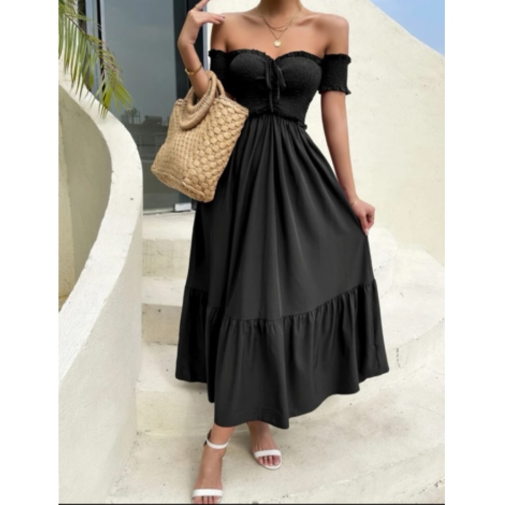 Off shoulder shirred ruffle hem dress - Picture 3 of 5